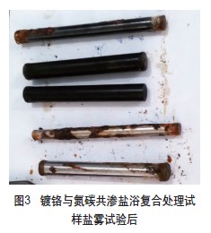 镀铬与氮碳共渗盐浴复合处理试样烟雾试验后